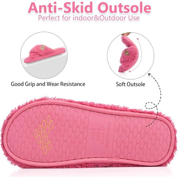 ⚡Women’s Rose Red Faux Fur Cozy Fuzzy Cross Band Slippers Indoor House Shoes - Picture 5 of 6